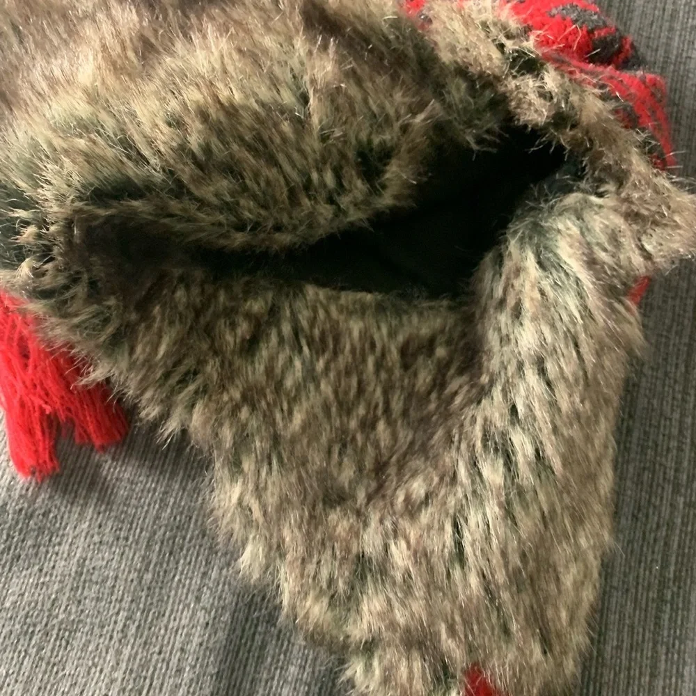 Vintage Faux Fur Christmas Snowflake Ski Winter Hat Red Grey